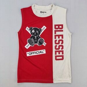 RGSTR Tank Top Boys 7 Red Cream Blessed Bear Graphic Sleeveless Jersey Shirt